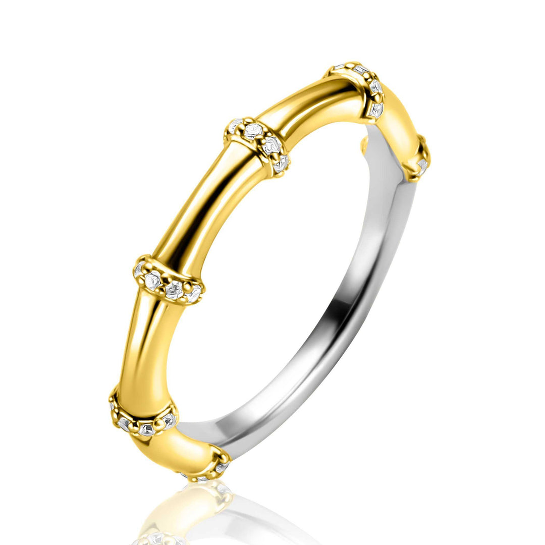 ZINZI gold plated zilveren aanschuifring (3,5mm breed) bamboo uitstraling, bezet met witte zirkonia&