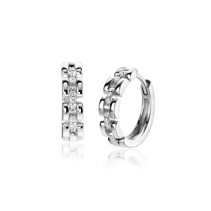 ZINZI zilveren oorringen met rolex-style schakels en middenbaan bezet met witte zirconia&