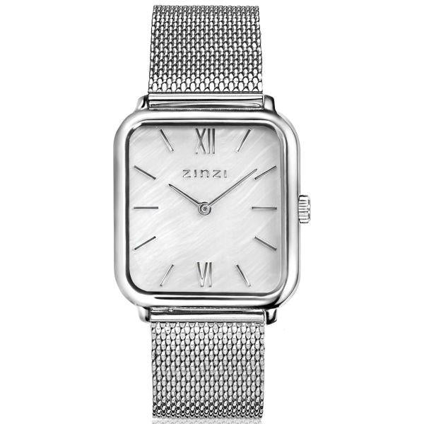 ZINZI Square Roman horloge witte parelmoer wijzerplaat en rechthoekige kast stalen mesh band 32mm extra dun ZIW821M