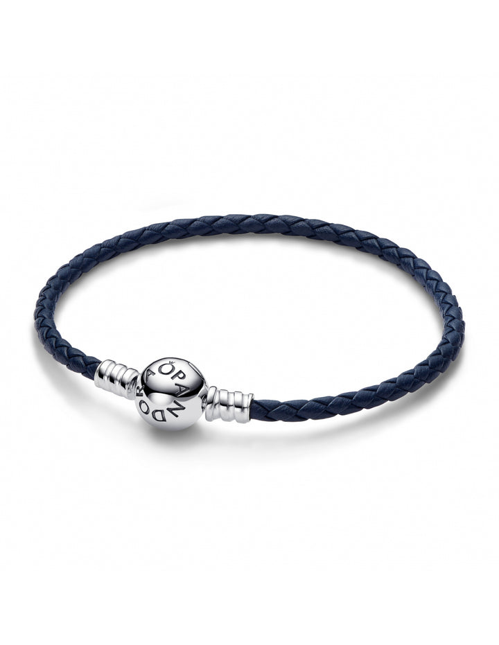 Pandora Moments Blauwe Gevlochten Leren Armband met Ronde Sluiting 592790C01-S3