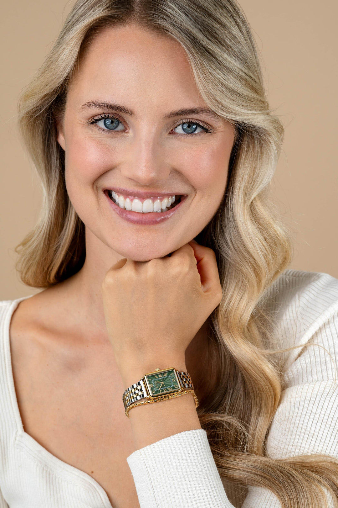 ZINZI Elegance horloge groene wijzerplaat en rechthoekige kast stalen bicolor schakelband 28mm extra dun ZIW1935