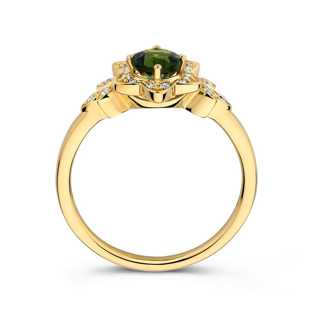 14 karaats geelgouden ring met groene toermalijn en diamant 0.12 ct RG138387
