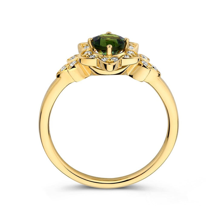14 karaats geelgouden ring met groene toermalijn en diamant 0.12 ct RG138387