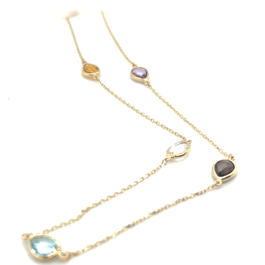14 kt geelgouden collier met diverse edelstenen op lengte 42-45 cm