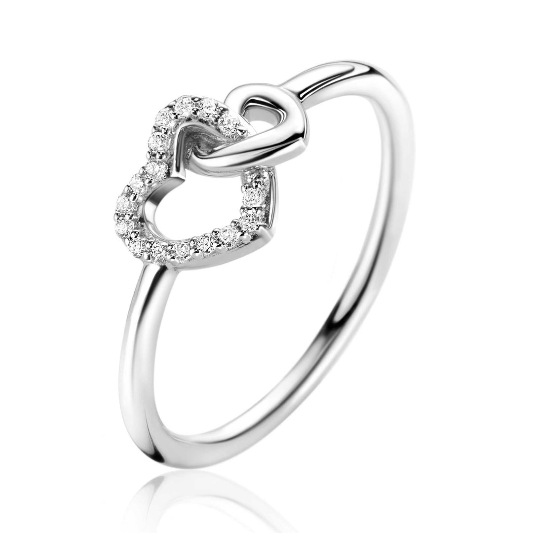 ZINZI zilveren ring 2 hartjes met elkaar verbonden, 1 hart bezet met witte zirconia&