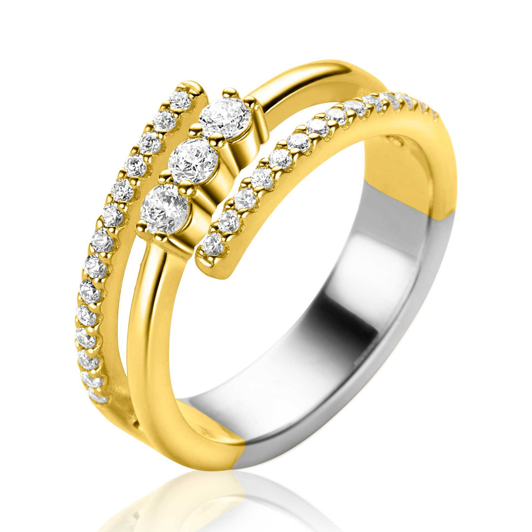 ZINZI gold plated zilveren multi-look ring (8mm breed) met 3 rijen, bezet met witte zirconia&