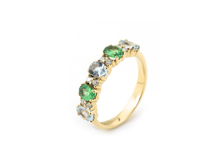 18 karaats geelgouden ring met Aquamarijn Tsavoriet en Diamant