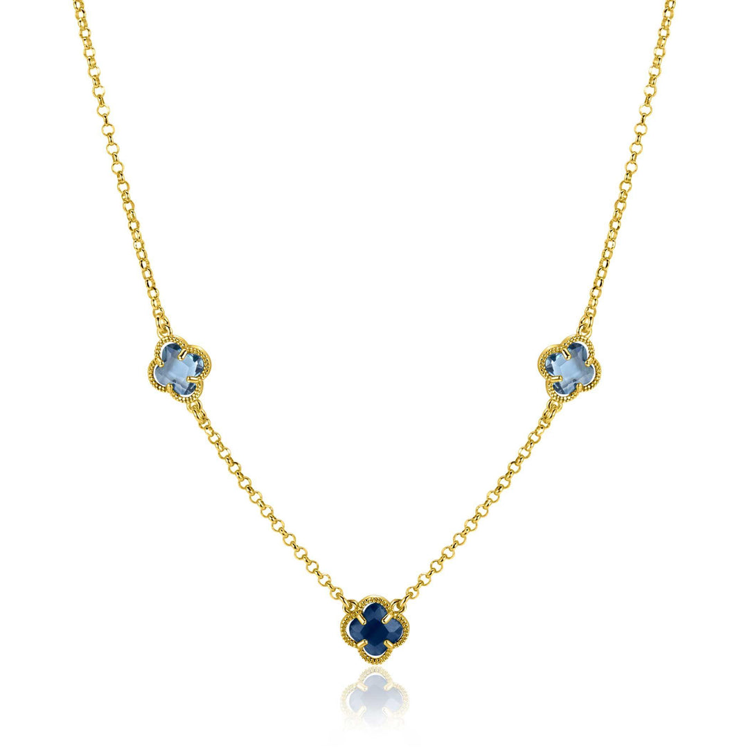 ZINZI gold plated zilveren schakelketting met twee lichtblauwe klavers en een donkerblauwe klaver 42-45cm ZIC2662B