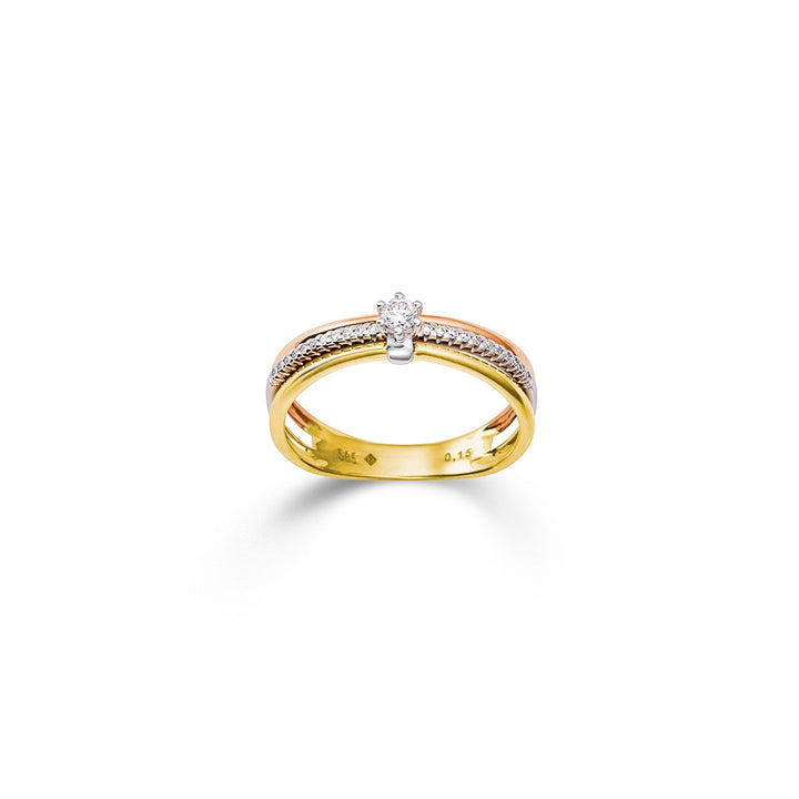 14 Karaat Driekleurige Gouden Solitair Ring met Briljant 0,15 ct H/SI