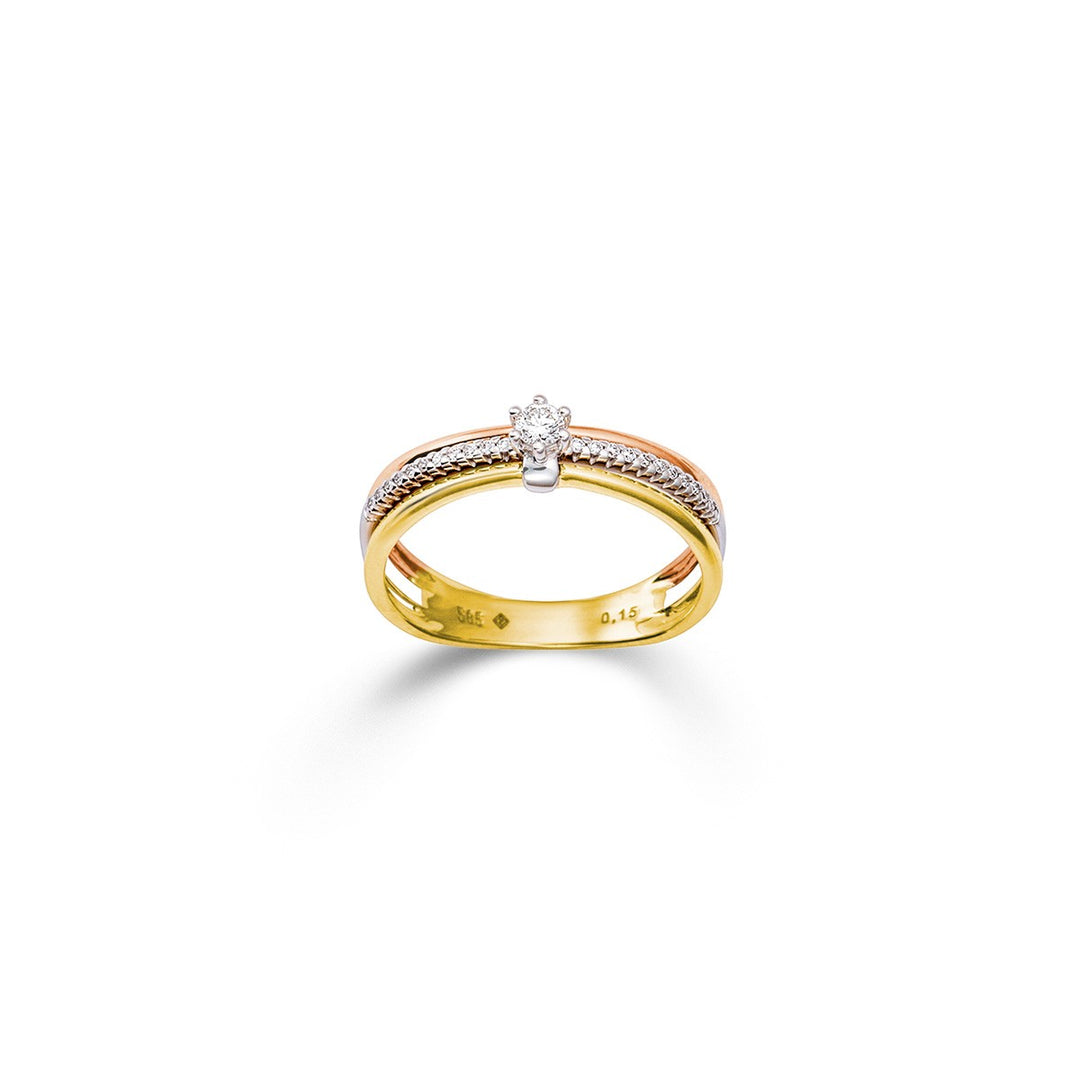 14 Karaat Driekleurige Gouden Solitair Ring met Briljant 0,15 ct H/SI