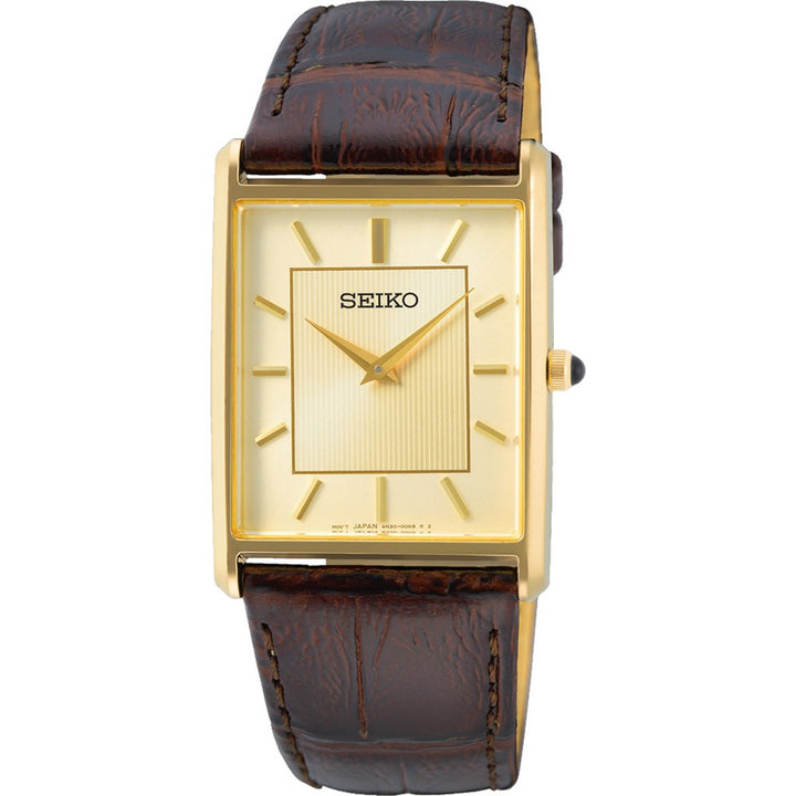 Seiko SWR064P1 klassiek horloge met goudkleurige kast en leren bandzond