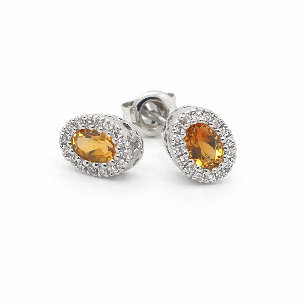 14 kt Witgouden Oorstekers met Citrien en Diamant