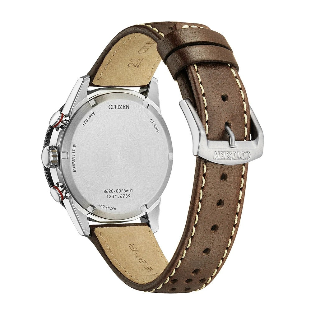 Citizen Sport CA4714-04A Chrono Eco-Drive Herenhorloge Wit met Bruine Leren Horlogeband