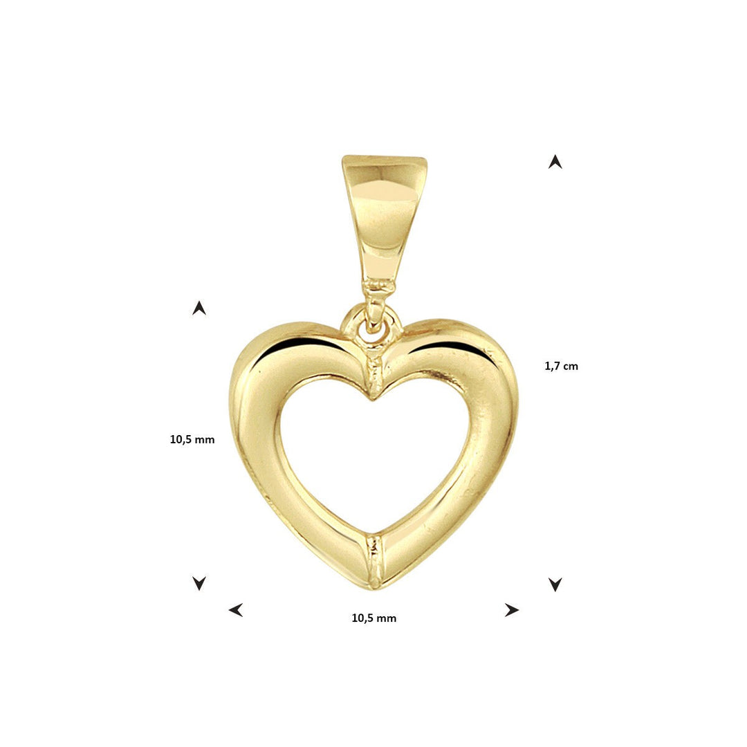 14k Geelgouden hanger in de vorm van een hart. De hanger heeft een totale hoogte van 1.7cm en een breedte van 10.5 mm