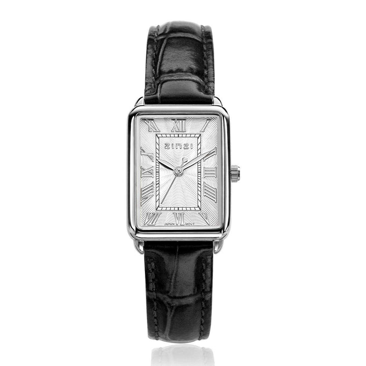 ZINZI Elegance horloge witte wijzerplaat en rechthoekige kast zwarte leren band 28mm extra dun ZIW1906Z