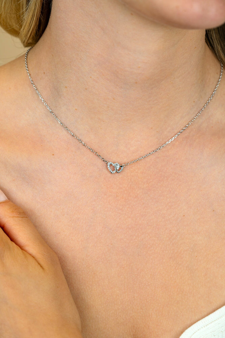 ZINZI zilveren ketting 42–45cm met verbonden hartjes, witte zirkonia&