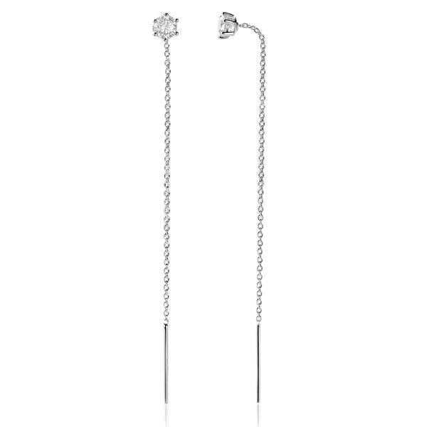 80mm ZINZI zilveren doortrek oorbellen met chatonzetting 5mm witte zirconia en sierlijk kettinkje ZIO2576