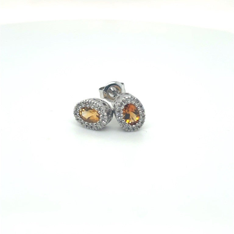 14 kt Witgouden Oorstekers met Citrien en Diamant