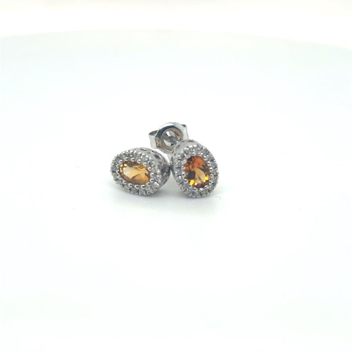 14 kt Witgouden Oorstekers met Citrien en Diamant