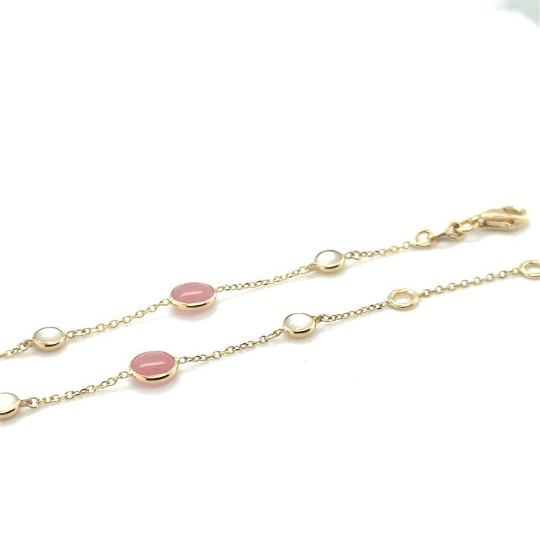14 karaat geelgouden armband VIJ C605 met Maansteen en Rozekwarts – 17-19 cm
