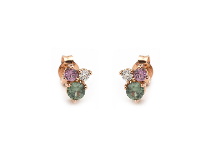 18 kt Roségouden Oorstekers met Groene Saffier, Paarse Saffier en Diamant OR82-4