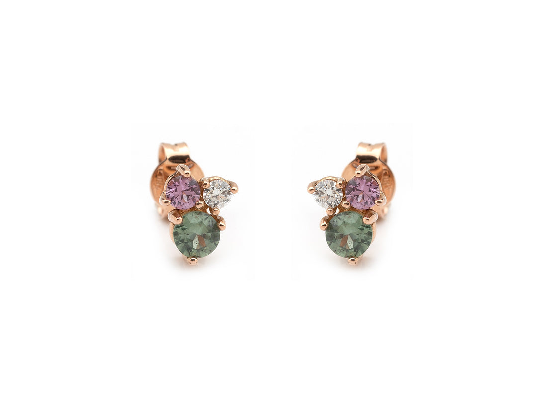18 kt Roségouden Oorstekers met Groene Saffier, Paarse Saffier en Diamant OR82-4