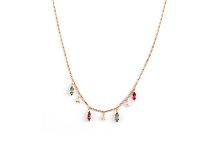 18 karaats geelgouden collier met Rubelliet, Groene Saffier en Diamant – Huyscollectie