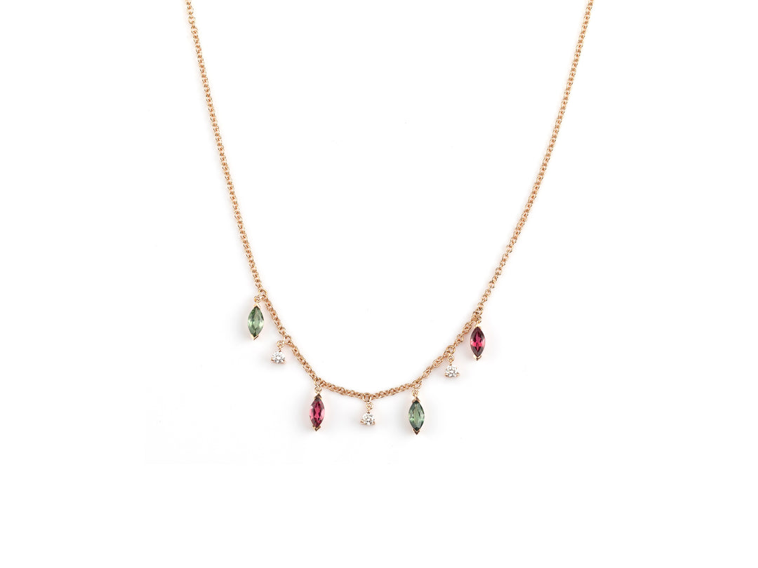 18 karaats geelgouden collier met Rubelliet, Groene Saffier en Diamant – Huyscollectie