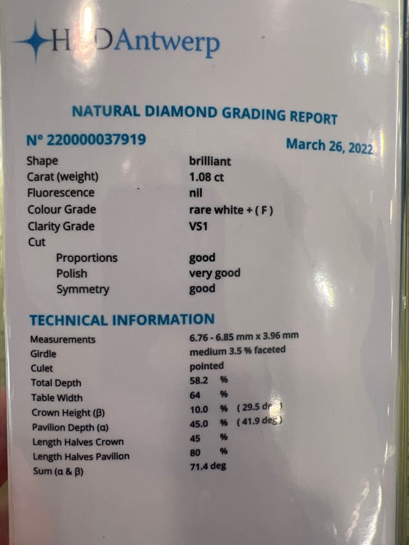 14 kt witgouden ring gezet met een HRD certified diamant 1.08 ct F VS1