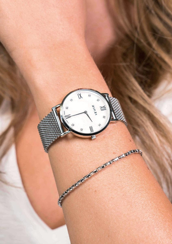 ZINZI Roman horloge witte parelmoer wijzerplaat, witte zirconia's bij uuraanduiding, stalen mesh band 34mm extra dun ZIW521M