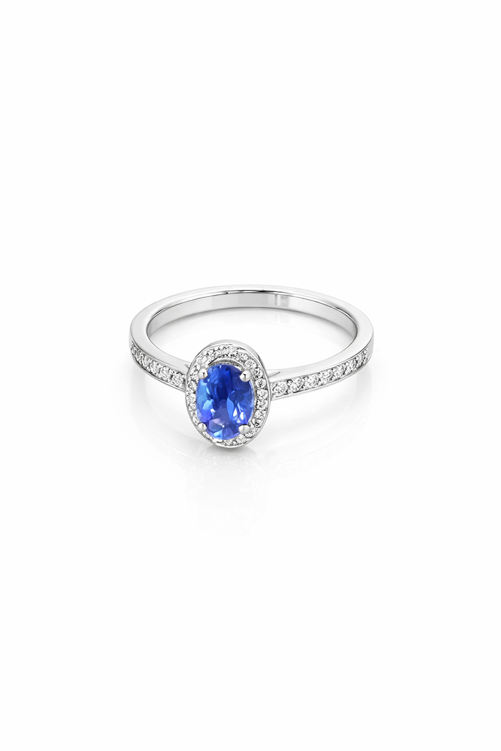 18 kt witgouden ring blauwe saffier & Diamant