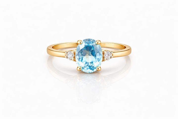 14k Geelgouden Ring met Sky Blue Topaas en Diamant