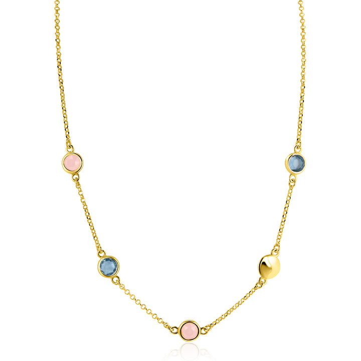ZINZI gold plated zilveren ketting 40-45cm met rondjes, bezet met blauwe en roze kleurstenen ZIC2715G