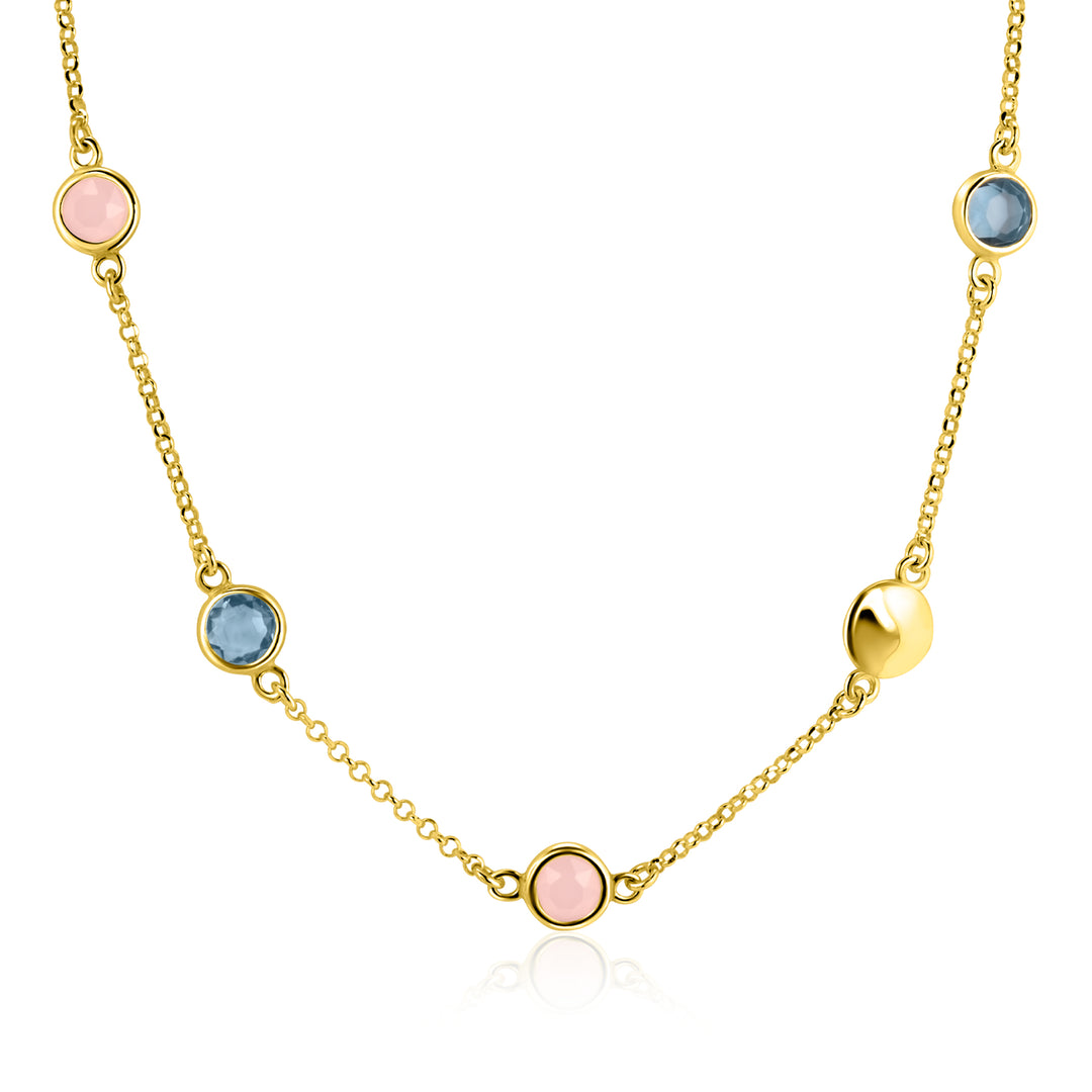 ZINZI gold plated zilveren ketting 40-45cm met rondjes, bezet met blauwe en roze kleurstenen ZIC2715G