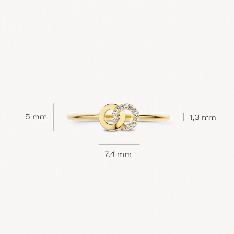 14k Geelgouden Ring met Twee Rondjes en Zirkonia 1282YZI
