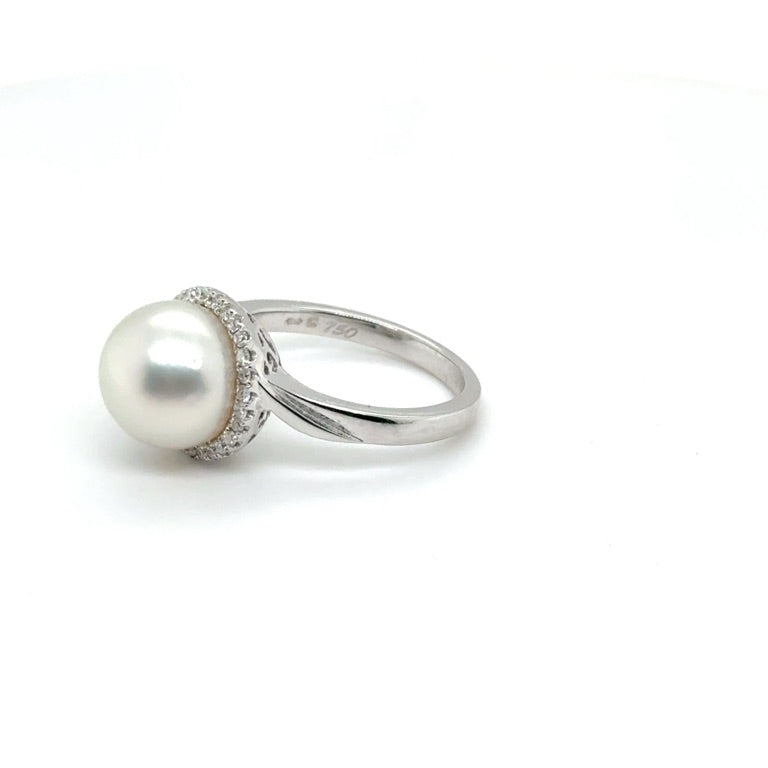 18 kt Witgouden Zuidzee Parelring met Pavé Diamant