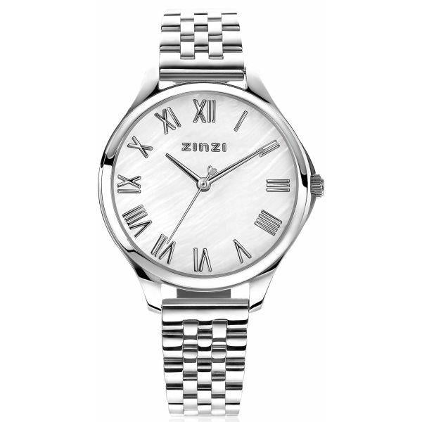 ZINZI horloge JULIA 34mm wit parelmoer wijzerplaat romeinse cijfers stalen kast en band ziw1117