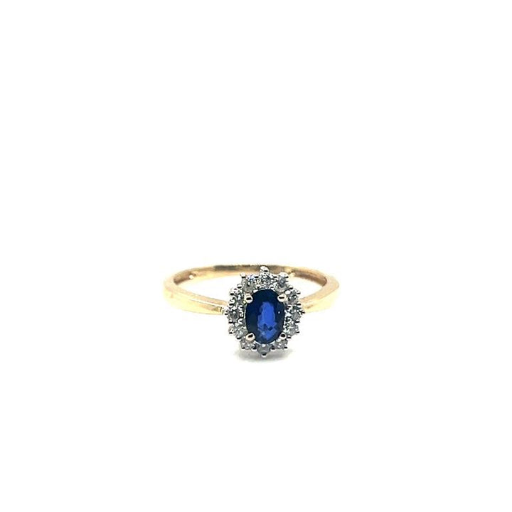 14 kt bicolor ring diamant& saffier Lady Di type