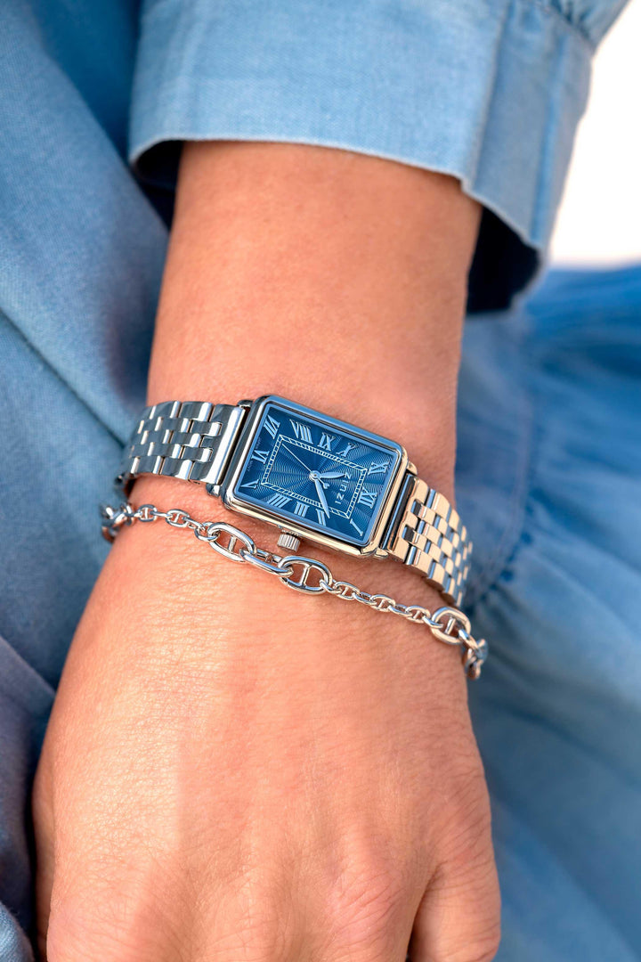 ZINZI Elegance horloge blauwe wijzerplaat en rechthoekige kast stalen schakelband 28mm extra dun ZIW1955