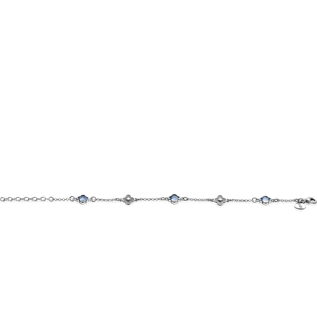 ZINZI zilveren schakel armband met twee zilveren en drie blauwe klavers 16-19cm ZIA2582
