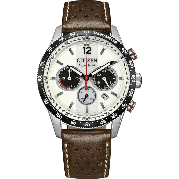 Citizen Sport CA4714-04A Chrono Eco-Drive Herenhorloge Wit met Bruine Leren Horlogeband
