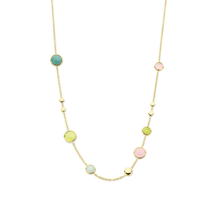 14k Geelgouden collier uitgevoerd met licht groen, licht blauw en roze kwartsiet. Het collier heeft draaglengtes van 42-45cm.