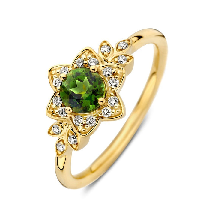 14 karaats geelgouden ring met groene toermalijn en diamant 0.12 ct RG138387