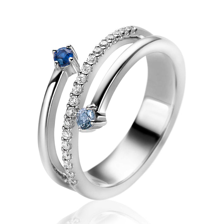 ZINZI zilveren multi-look ring (9mm breed) met 3 rijen, bezet met blauwe kleurstenen en witte zirconia&