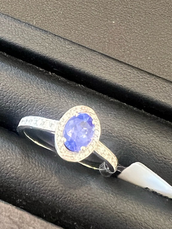 18 kt witgouden ring blauwe saffier & Diamant