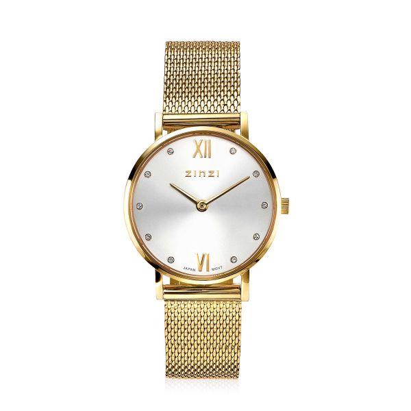 ZINZI Lady Crystal horloge zilvergekleurde wijzerplaat, geelgoudkleurige kast en stalen mesh band, witte crystals bij uuraanduiding, 28mm extra dun ZIW633M.