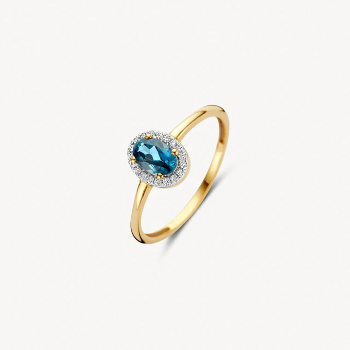 14 Karaat Geelgouden Ring met Blauwe Topaas en Diamant