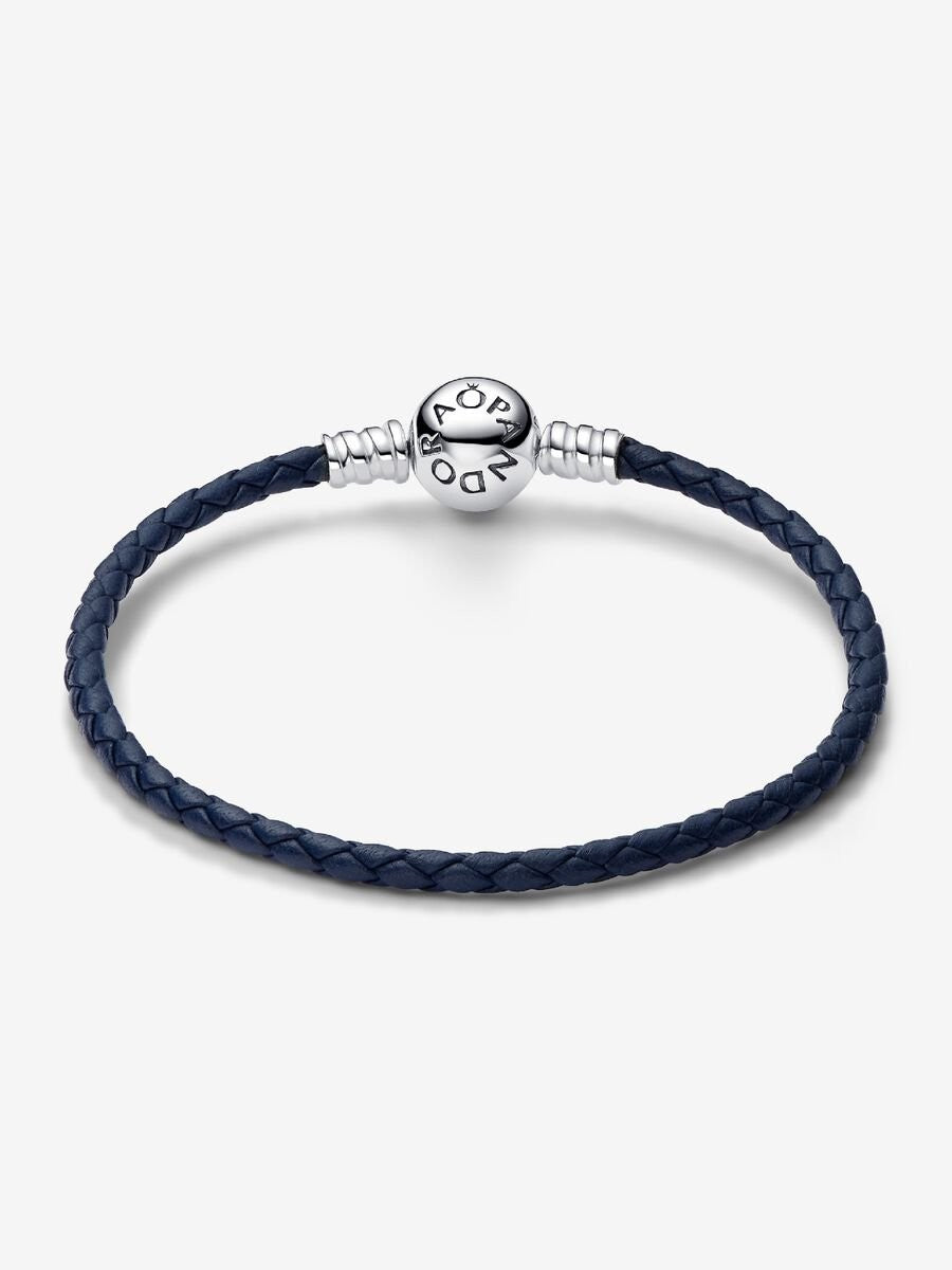 Pandora Moments Blauwe Gevlochten Leren Armband met Ronde Sluiting 592790C01-S3