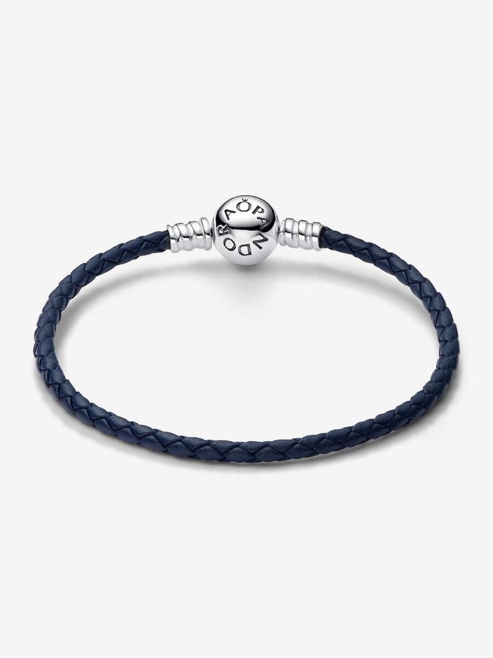 Pandora Moments Blauwe Gevlochten Leren Armband met Ronde Sluiting 592790C01-S3
