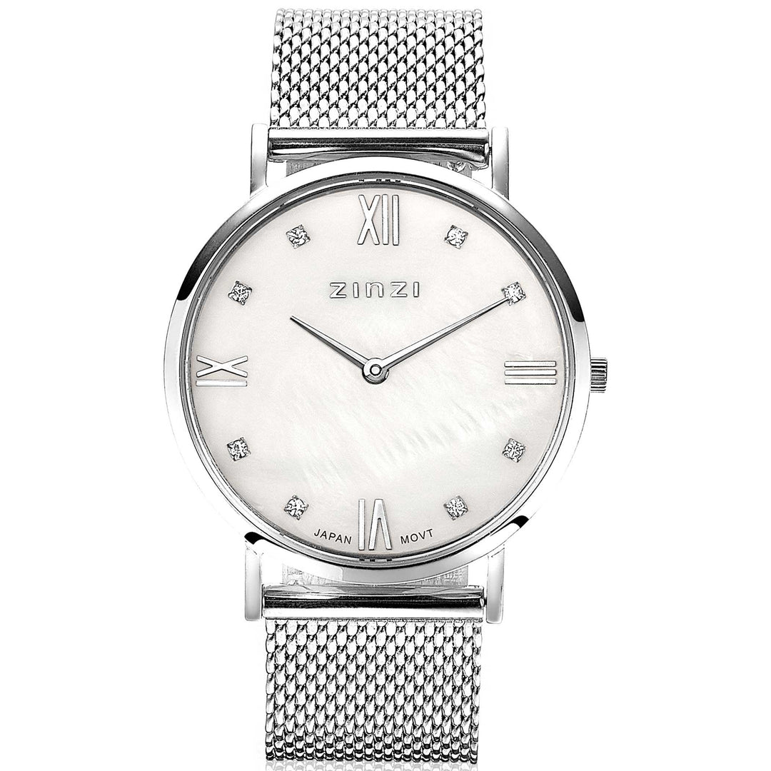 ZINZI Roman horloge witte parelmoer wijzerplaat, witte zirconia's bij uuraanduiding, stalen mesh band 34mm extra dun ZIW521M